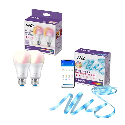 WiZ - Bundle - RGB LED Strip 15m Plus 2 60W A19 Color Bulbs - Control with Voice or App + Activate with Motion - Matter Compatible