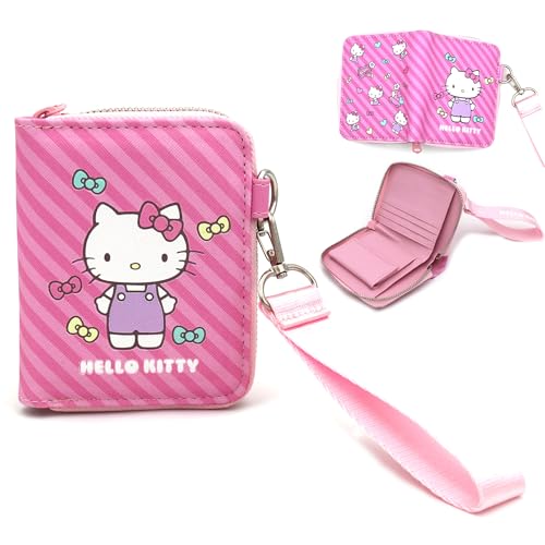 Kitty Wallet Cute Japanese Character Hello Cat Zipper Purse Coin Card Bill Holder Zip Around Vegan Leahter Wallet with Keyring Hand Strap, Officially Licensed