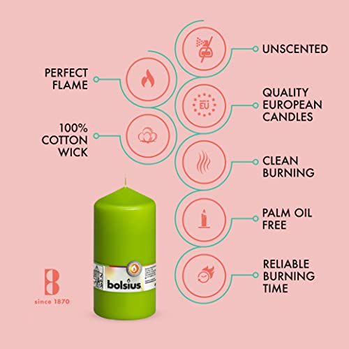 Bolsius 4 Lime Green Pillar Candles - 3X6 Inches - Individually Wrapped - Premium European Quality - 65+ Burn Hours - Dripless & Smokeless Smooth Flame - Unscented Dinner, Wedding, & Party Candles #TOP2