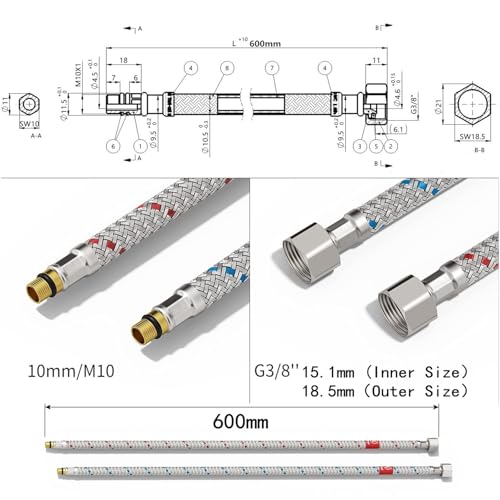Anschlussschlauch Armatur G3/8 x M10 Verbindungsschlauch DVGW Wasserzulauf-Schläuche Verlängerung für Wasserhahn Mischbatterie, Beelee