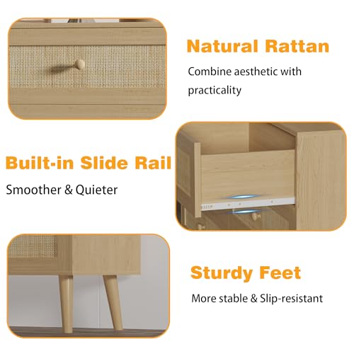 Dresser for Bedroom with 6 Drawer, Natural Rattan Chest of Dressers, Wide Wood Double Dresser, Wooden TV Stand Closet Storage Furniture, Boho Small Clothes Organizer for Hallway, Living Room, Entryway - Thumbnail 5