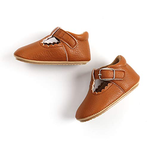 Sofmuo Baby Girl Mary Jane Flats Shoes Non Slip Soft Sole Infant Toddler First Walker Wedding Princess Dress Crib Shoes(A0/Brown,12-18 Months #TOP3