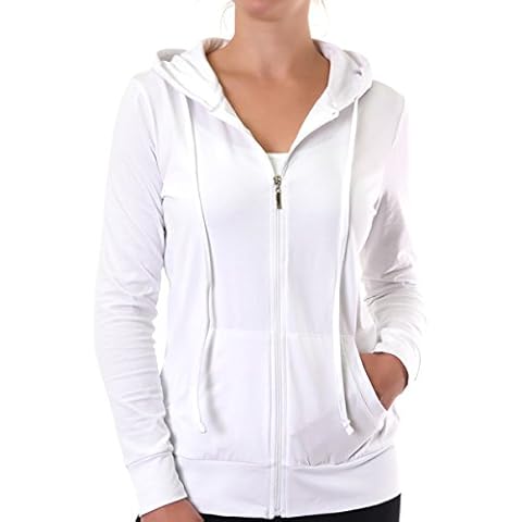 Glass House Apparel Women's Zip Up Active Yoga Gym Casual Thin Cotton Long Sleeve Jacket Hoodie (White, Large) Cover