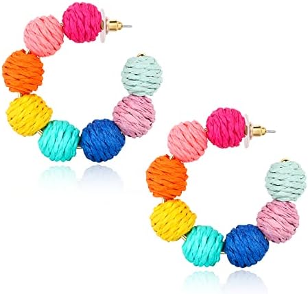 Sterling Silver Hoop Earrings for Women Colorful Bohemian Rattan Earrings Handmade Rainbow Ball Earrings Raffia Circle Dangle Drop Earrings for Girls