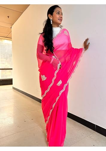 Image of Women's Banarasi Silk Georgette Saree Featuring Silver Sequin And Mirror Work
