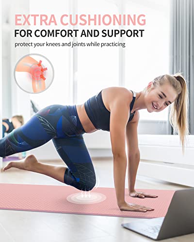 Cambivo Extra Thick Yoga Mat For Women Men Kids, 1/3 & 1/4 & 2/5 Inch, 72" X 24" Tpe Yoga Mats, Workout Mat With Carrying Strap For Yoga, Pilates And Floor Exercises (Pink,1/4") #TOP5