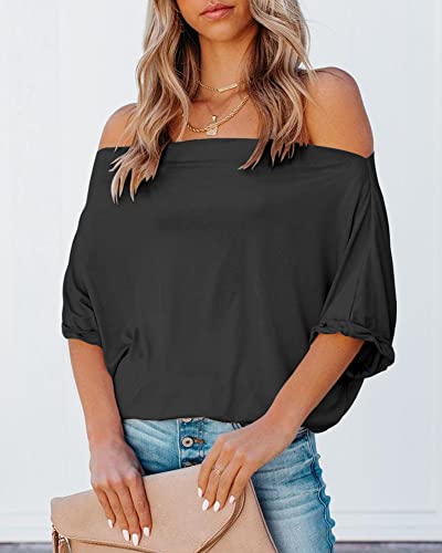 REVETRO Women's Off Shoulder Tops Casual Short Batwing Sleeve Summer Loose T Shirt Tunic Blouse…2