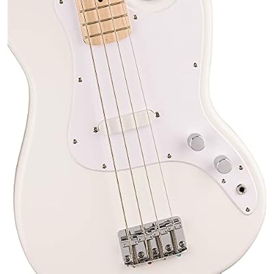 Fender Squier Sonic Bronco Bass Guitar - Arctic White Bundle with Rumble 15 Bass Amplifier, Cable, Tuner, Strap, and Austin Bazaar Instructional DVD