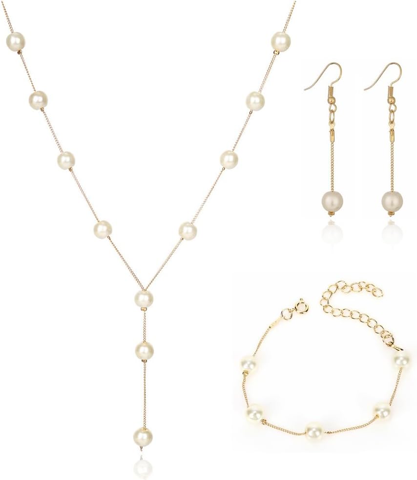 Simulated Pearl Wedding Jewelry Set – Faux Pearl Necklace, Bracelet, Earrings – Adjustable Y-Shaped Necklace – Dainty Bridesmaid Gifts Simulated Pearl Wedding Jewelry Set – Faux Pearl Necklace, Bracelet, Earrings – Adjustable Y-Shaped Necklace – Dainty Bridesmaid Gifts