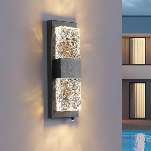 Image of 14.2 inch Dusk to Dawn Outdoor Wall Light, 12W LED,Black 1-Pack | IP65 Waterproof Wall Mounted Sconce, Dusk to Dawn Sensor, Crystal Modern Design, for Porch, Patio, Hallway, Backyard