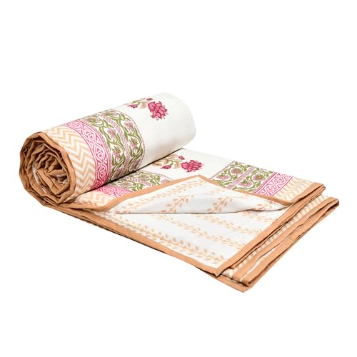 Image of BLOCKS OF INDIA 100% Cotton Dohar King Size Reversible Hand Block Printed Malmal Summer Dohar /Blanket (Pink Cream Flower)