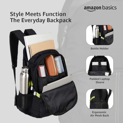 Image of Amazon Basics Casual 29L Backpack with Padded Laptop Sleeve | Backpack for Men & Women | Rain Cover Included | 3 Compartments | Travel Bag for Boys & Girls | (Black)
