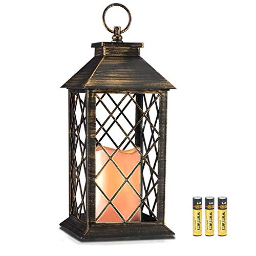 14'' Golden Brushed Vintage Candle Lantern with Flickering Flameless Led Plastic Lantern Metallic