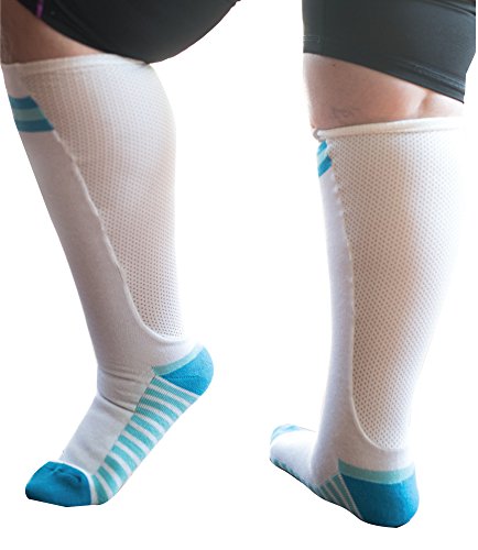 Xpandasox Womens Plus Size/Wide Calf Cotton Blend Cushioned Sport Socks White Blue