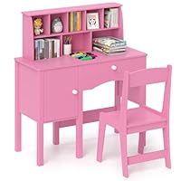 COSTWAY Kids Desk and Chair Set, Wooden Children Study Table with Hutch, Large Cabinet and Drawer, School Students Computer Workstation for Learning, Reading, Drawing