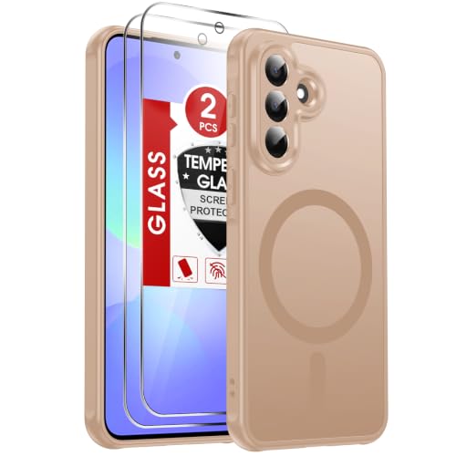 LeYi for Galaxy A37-5G Phone Case: Samsung Galaxy A37 5G Case with [2 Packs] Tempered Glass Screen Protector, [Magnet Fit] Matte Translucent Soft-Touch & Full Body Shockproof Funda para A 375G, Gold