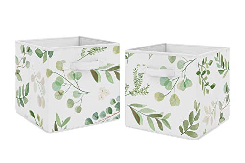 Image of Sweet Jojo Designs Floral Leaf Foldable Fabric Storage Cube Bins Boxes Organizer Toys Kids Baby Childrens - Set of 2 - Green and White Boho Watercolor Botanical Woodland Tropical Garden