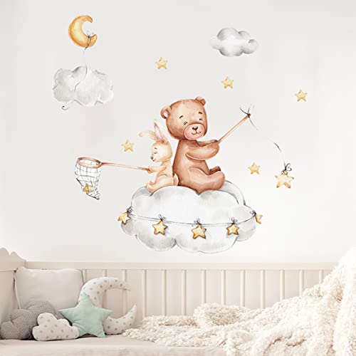 Cute Bear And Bunny On Clouds Nursery Decor Cute Bear And Rabbit With Clouds Stars Wall Decals Vinyl Wall Stickers For Kids Boys Girls Bedroom Daycare Classroom Playroom And Kids Room Wall Decor #TOP1