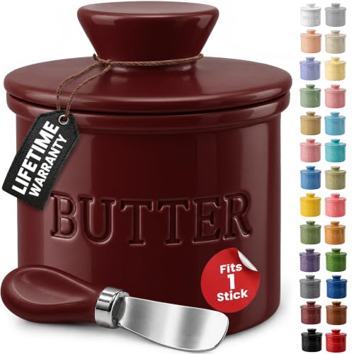 Priority Chef Butter Crock with Lid for Countertop with Spreader Knife and Water Line, Soft Spreadable Butter, Ceramic French Butter Dish with Lid, Maroon
