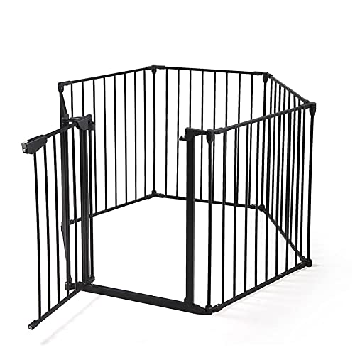 Barrière de sécurité Parc enclos Chien modulable Pliable Porte verrouillable intégrée 76cmH métal avec 1 Porte et 6 Panneaux Longueur Totale 3.7m, Grille de Protection pour Cheminée