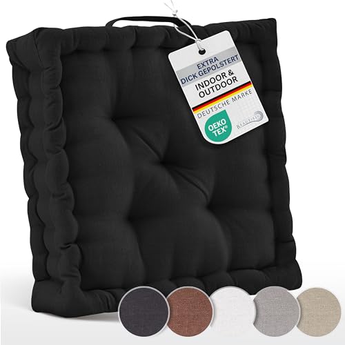 Beautissu Bodenkissen Sitzkissen 50x50 cm - Dickes Matratzenkissen 10cm - 100% Baumwolle Stuhlkissen Indoor & Outdoor Sitzkissen Boden Tragegriff extra Dicke Sitzauflagen Schwarz - Mila