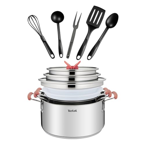 Tefal OptiSpace - Juego 3 ollas 18/20/24 cm + tapa de plástico y acero inoxidable + 5 accesorios, asas antideslizante toque frío, marcas de medida, apto horno y lavavajillas, todo tipo de cocinas