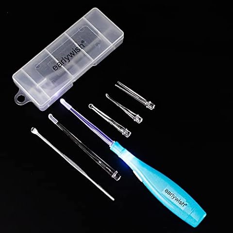 Earlywish Upgraded 6.75" Long Lighted Tonsillolith Pick Tonsil Stone Remover Tool with 5 Tips, Blue Handle with LED Light Cover