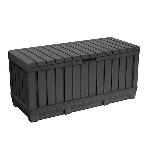 Keter Kentwood Outdoor Storage Box 350L | Wood-Look Resin | Strong Enough for 2 Adults to Sit | Waterproof Lockable Lid | All-Weather & UV Resistant | Garden, Patio & Deck Storage