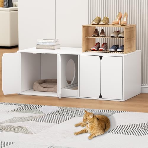 PREMTURE Modern Wood Cat Litter Box Enclosure for 2 Cats, White PREMTURE Modern Wood Cat Litter Box Enclosure for 2 Cats, White