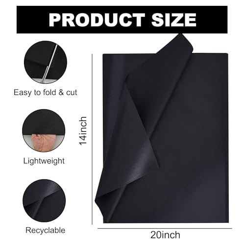 Image of BEISHIDA 100 Sheets Black Tissue Paper Bulk, Wrapping Tissue Paper for Gift Bags, 14 x 20 Inch Gift Wrap for Halloween Birthday Wedding Graduation DIY Crafts Holiday Flowers