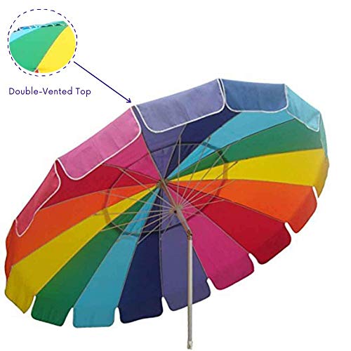 Impact Canopy 8’ Beach Umbrella, Uv Protected, Vented, Tilt Pole, Spike Tip, Carry Bag, Rainbow #TOP3