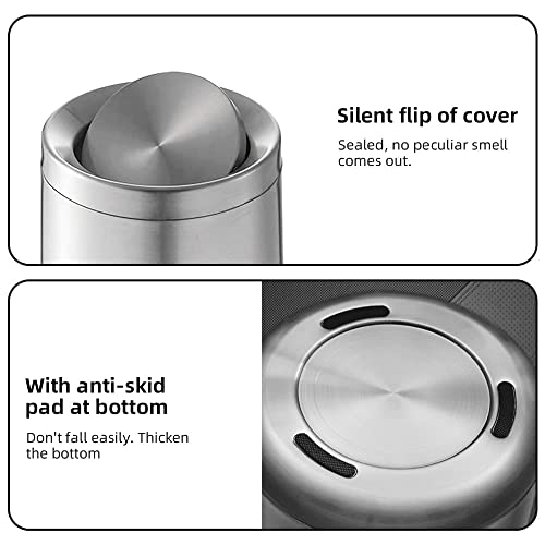 Image of 2.6Gallen Brushed Nickel Bathroom Trash Can with Lid, Stainless Steel Garbage Can with Flipping Lid,for Bathroom, Kitchen,Living Room,Bedroom,Hotel (Silver)