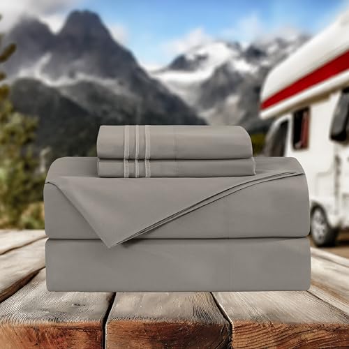 Image of Elegant Comfort Luxurious 1500 Premium Hotel Quality Microfiber Three Line Embroidered Softest 4-Piece Bed Sheet Set, Wrinkle and Fade Resistant, RV Short Queen, Gray