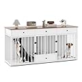 COSTWAY Large Dog Crate Furniture, Heavy Duty Dogs Cage with Double Doors, Divider, 3 Drawers, Pull-out Feeding Bowls, Indoor Puppy Kennel Side Table TV Stand (Brown+White)