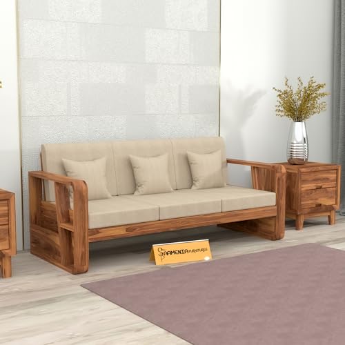 Image of Sheesham Wooden 3 Seater Sofa for Living Room | Solid Wood Sofa with Side Newspaper Holder | Rosewood Sofa Set for Home & Office | Lounge (Honey Finish, 3 Seater)