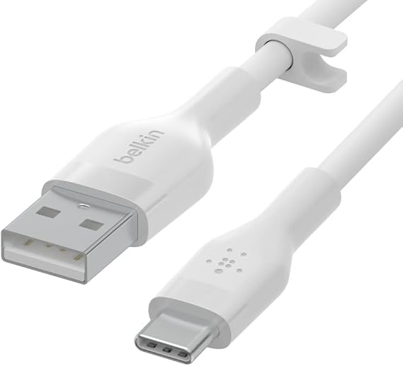 Belkin BoostCharge Flex Silicone USB-C to USB-A Cable (2 m), USB-IF Approved USB-C Charging Cable for iPad Pro, Galaxy S21, Ultra, Plus, Note 20, Pixel and Other Devices - White