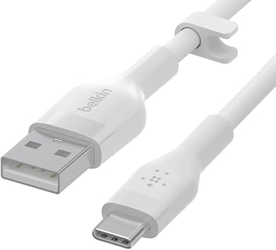 Belkin BoostCharge Flex Silicone USB-C to USB-A Cable (2 m), USB-IF Approved USB-C Charging Cable for iPad Pro, Galaxy S21, Ultra, Plus, Note 20, Pixel and Other Devices - White
