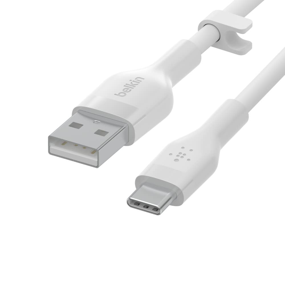Belkin BoostCharge Flex Silicone USB-C - USB-A Kablosu (2 m), iPad Pro, Galaxy S21, Ultra, Plus, Note 20, Pixel ve Diğer Aygıtlar için USB-IF Onaylı USB-C Şarj Kablosu - Beyaz