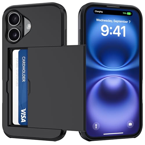 Cover per iPhone 16 con Porta Carte, Custodia Portafoglio Case Portafoglio Slot per Schede Cover Morbida Silicone Slide Strato Armatura Custodia Antiurto Case Bumper, Nero