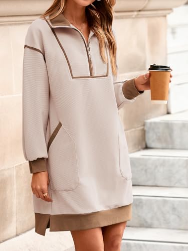 Image of Wenrine Womens Half Zip Sweatshirt Dress Fall V Neck Contrast Mini Dresses