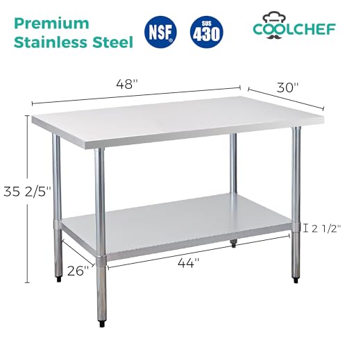 Image of COOLCHEF Stainless Steel Work Table 30 x 48 Inch, NSF Commercial Prep Table with Undershelf, Heavy Duty Food Prep Workstation