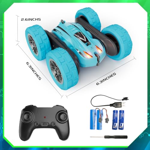 RacingFun Remote Control Car, 4WD 2.4GHz Double-Sided RC Stunt Car, 360&deg; Rotating Electric Rechargeable Toy Car with LED Lights, Gift for Boys Girls Ages 6+(Blue)