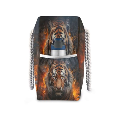 Flaming Tiger Beach Bag & Travel Tote Bag Large Sandproof with Zipper Closure, Wet Pouch for Swim Gym Travel, Lightweight Foldable Outdoor Bag3