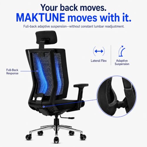 Image of MAKTUNE Flex High Back Ergonomic Office Chair for Work | Adaptive Dual-Frame Mesh Back, Auto-Weight 90-135 Recline, 3D Armrests, Adjustable Headrest, Aluminium Base, Tested 200 kg