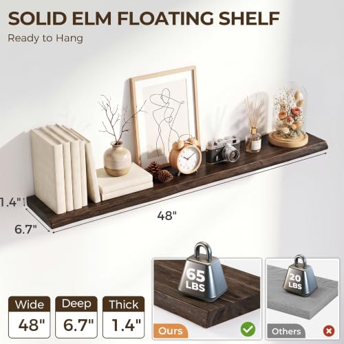 Image of Live Edge Elm Floating Shelves - 48 In Rustic Solid Wood Shelves with Heavy-Duty Invisible Bracket, Wall-Mounted Wooden Shelf for Living Room, Bathroom, Kitchen Storage & Display, Set of 1, Walnut
