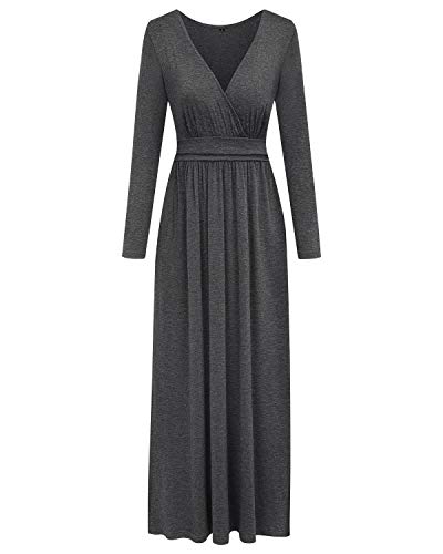 OUGES Womens Long Sleeve V-Neck Wrap Waist Maxi Dress(Gray,M)