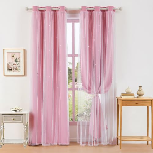 Image of indistar Star Cutout Kids Window Blackout Curtains for Girl Bedroom Window Room Darkening Curtains & Drapes Baby Nursery Curtains (2 Panel,35Wx80L inch,Pink)