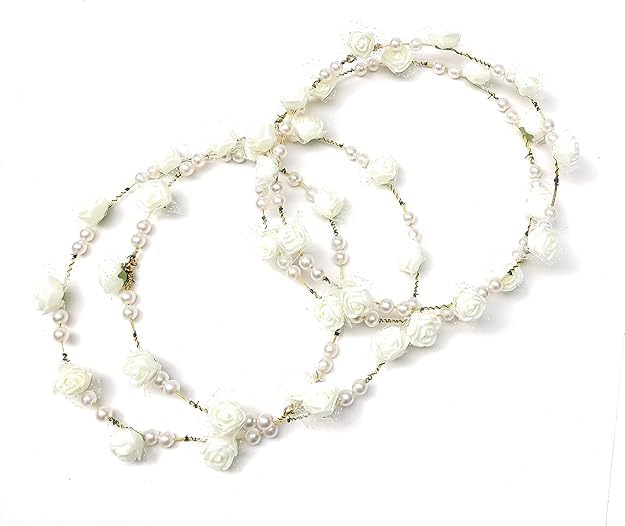 shopyidol Artificial Floral Headpiece Roses Foam Flower Wedding Bridal Beach Party Travel Headpiece Wreath Crown Tiara for Girls, Teens and Women (Pack of 2 pcs) (White, Free Size) - Image 4 thumbnail
