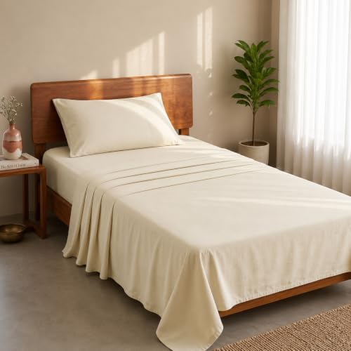 Image of LANE LINEN 100% Organic Cotton Bedsheet for Single Bed - Ivory | GOTS Certified, Percale Weave, 60x90 inches, Soft & Breathable, Machine Washable, Includes 1 Pillow Cover