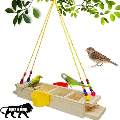 Image of Boltz Wooden Hanging Bird Feeder with Water Bowl - Dual-Function Seed & Water Tray, Eco-Friendly Rustic Design for Balcony, Garden & Outdoor Birdwatching (Multicolor, Feeder)